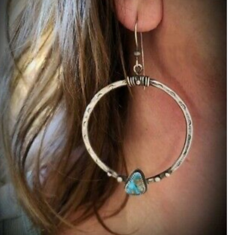 NEW Sterling silver Turquoise Hoop Earrings - Picture 3 of 5